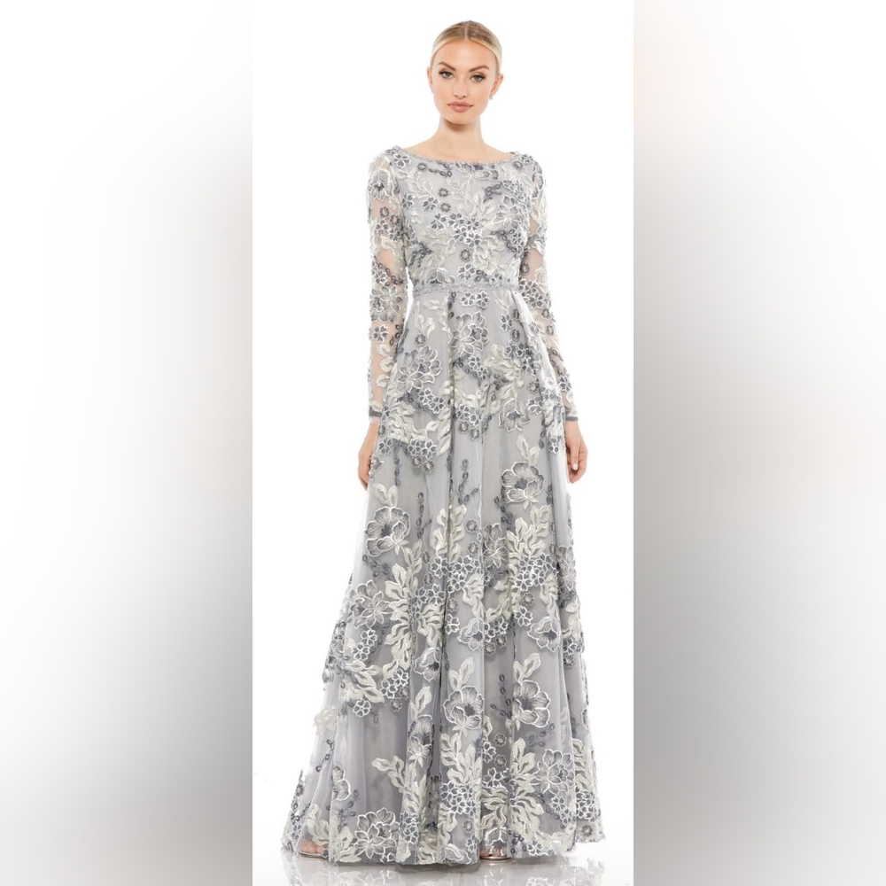 Mac Duggal 11185 Sequin Accented Floral A-Line Gown Womans Sz 12 Dress platinum